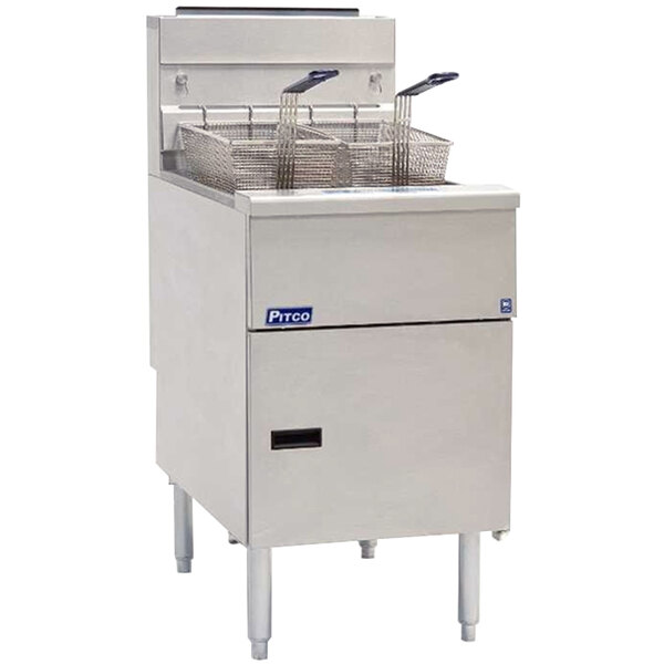 A Pitco liquid propane floor fryer with two baskets.