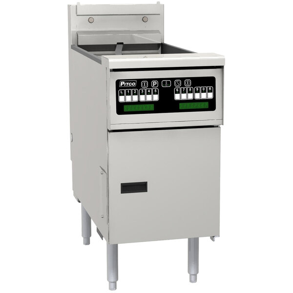 A white Pitco Solstice electric fryer with black and white buttons and a black panel.
