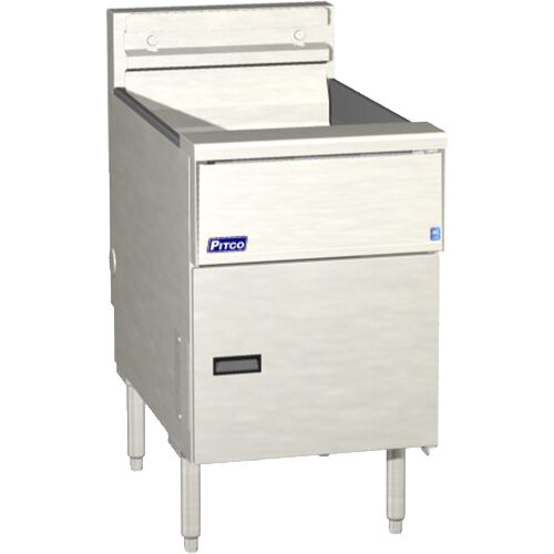 A Pitco Solstice stainless steel floor fryer with solid state controls on a counter.