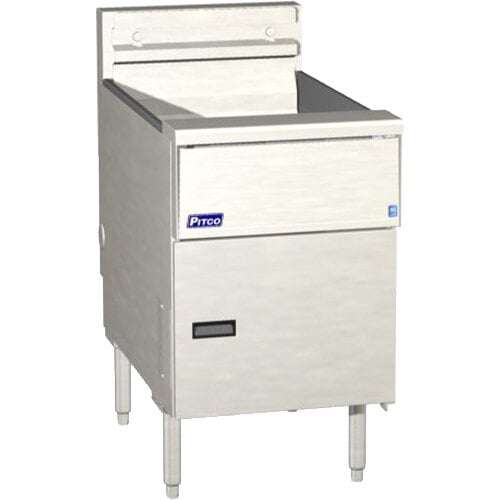 A stainless steel Pitco Solstice electric floor fryer with solid state controls on a counter.
