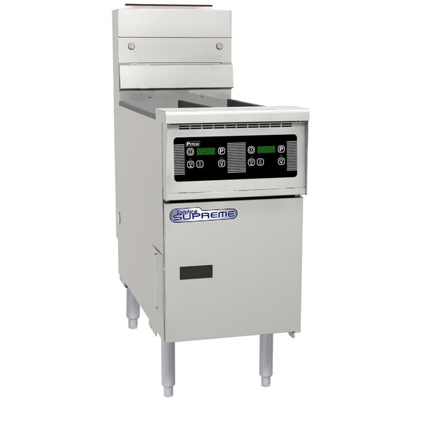 A Pitco Solstice electric floor fryer with a black digital control panel.