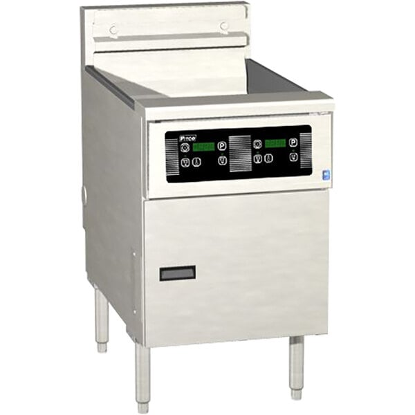 A white Pitco Solstice electric floor fryer with a black and white digital panel with green and white buttons.