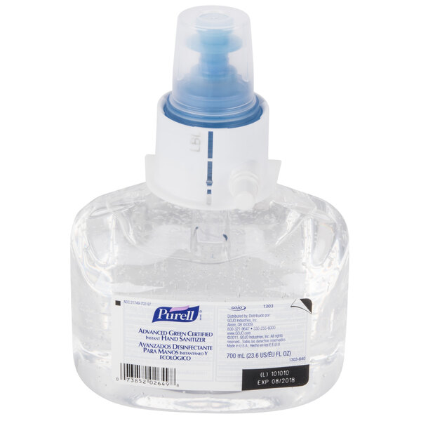 A bottle of Purell Advanced Green Certified hand sanitizer with a blue lid.