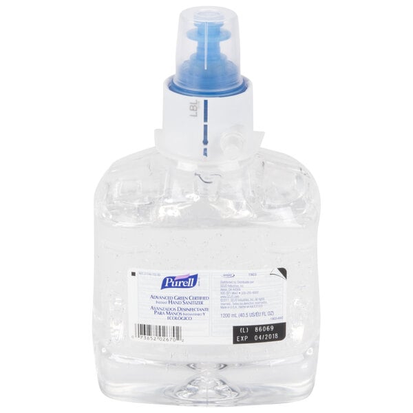 A Purell bottle of hand sanitizer with a blue lid.