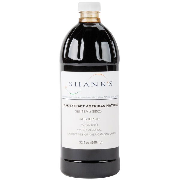 A bottle of Shank's American Oak Extract on a counter.