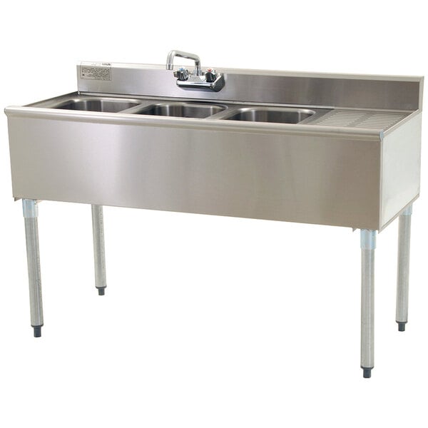 A stainless steel Eagle Group underbar sink with right drainboard and splash mount faucet.