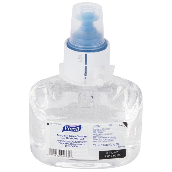 A Purell hand sanitizer bottle with a blue label and lid.