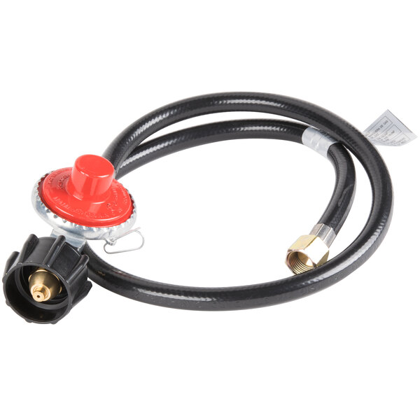 A black Backyard Pro rubber gas connector hose with a red valve.