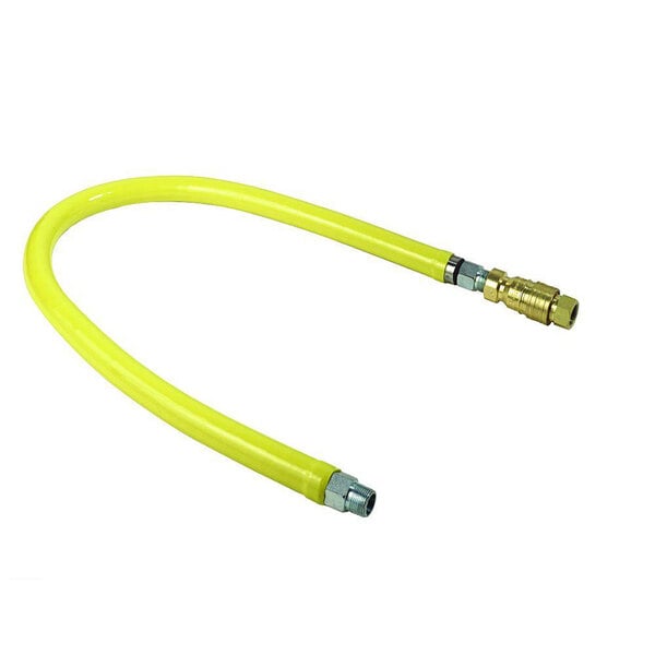 A yellow T&S gas hose with brass fittings.