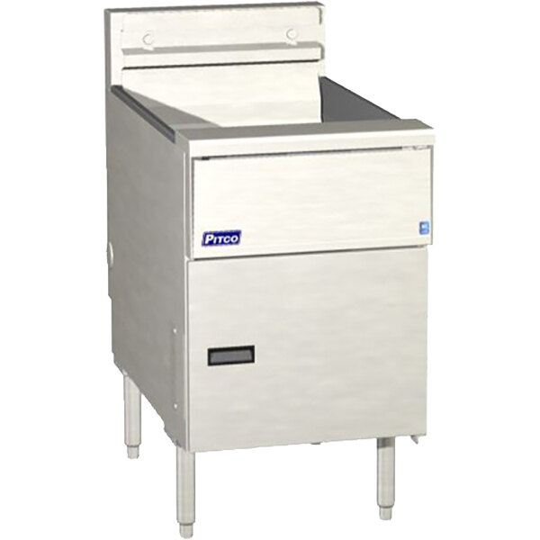 A stainless steel Pitco Solstice electric floor fryer with black accents.
