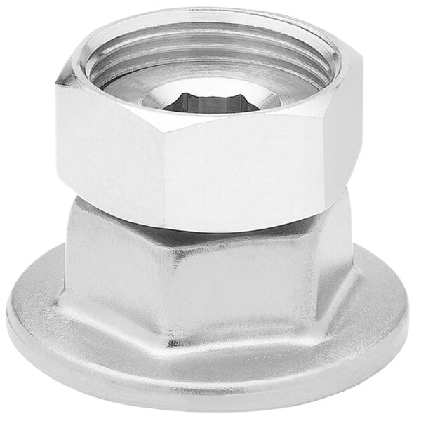 A silver metal T&S stainless steel nut with a threaded hole.