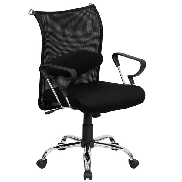 A Flash Furniture black mesh office chair with padded seat and aluminum base.