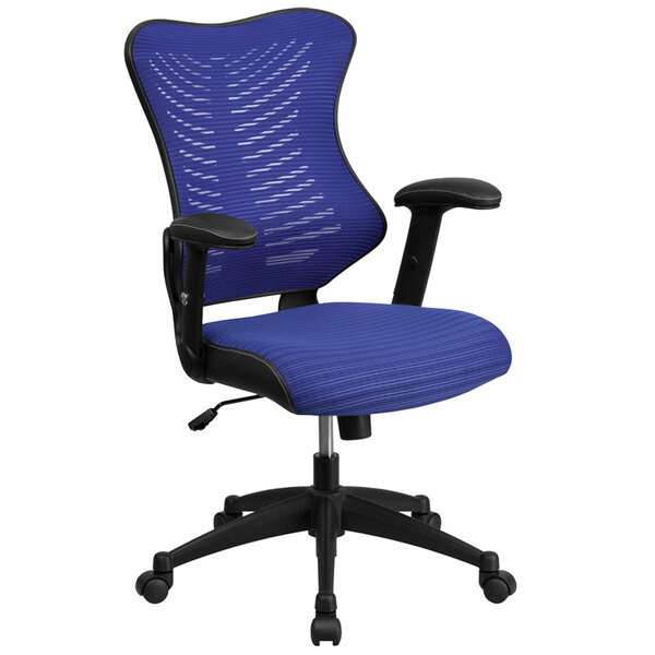 A Flash Furniture high-back blue mesh office chair with black base and arms.