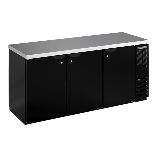 A black Beverage-Air counter height back bar refrigerator with two solid doors.