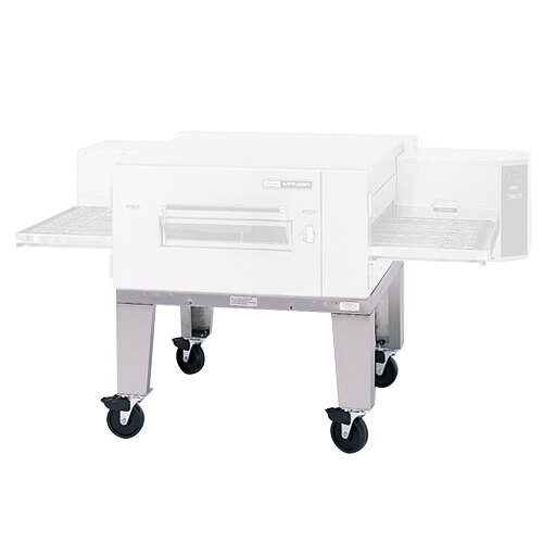 A white rectangular Lincoln oven stand with casters.