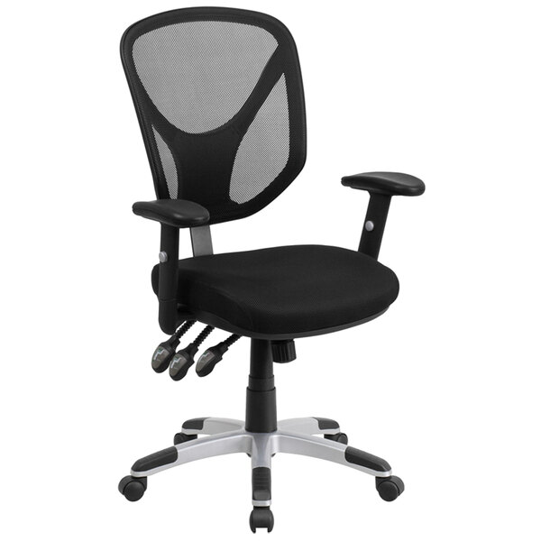 A black Flash Furniture office chair with mesh back and arms.