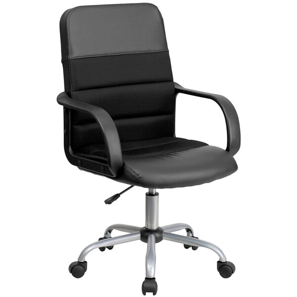 A Flash Furniture black office chair with wheels and arms.