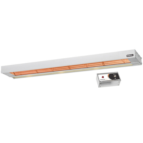A Nemco infrared strip warmer with a rectangular white light and a box with orange stripes.
