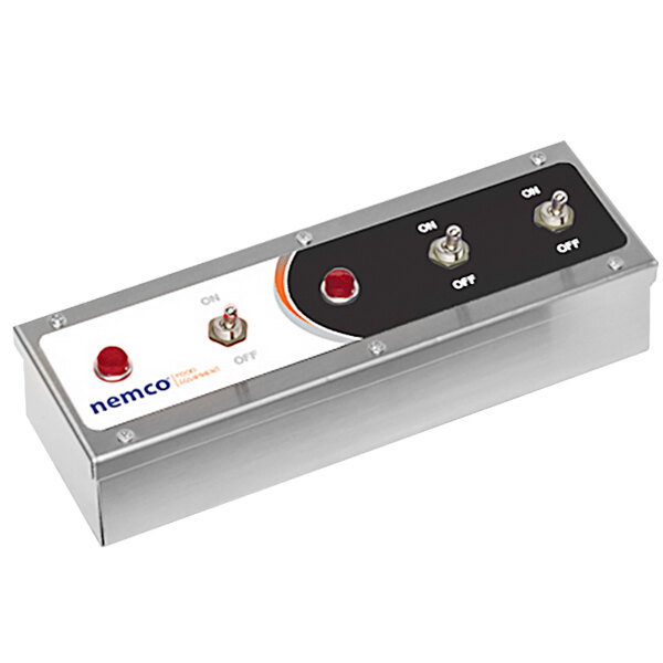 A rectangular metal box with two red toggle switches and a red button.