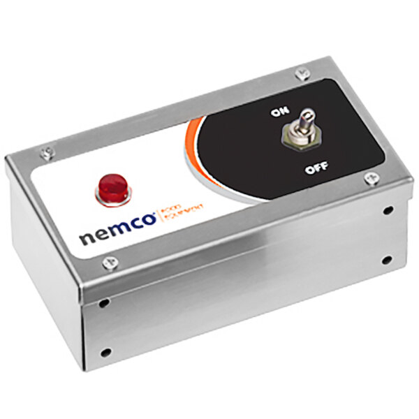 A silver Nemco remote control box with a red button and a toggle switch.