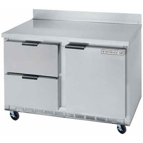 A Beverage-Air stainless steel worktop freezer with drawers.