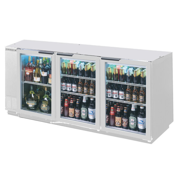 A white Beverage-Air back bar refrigerator with glass doors full of beer bottles.