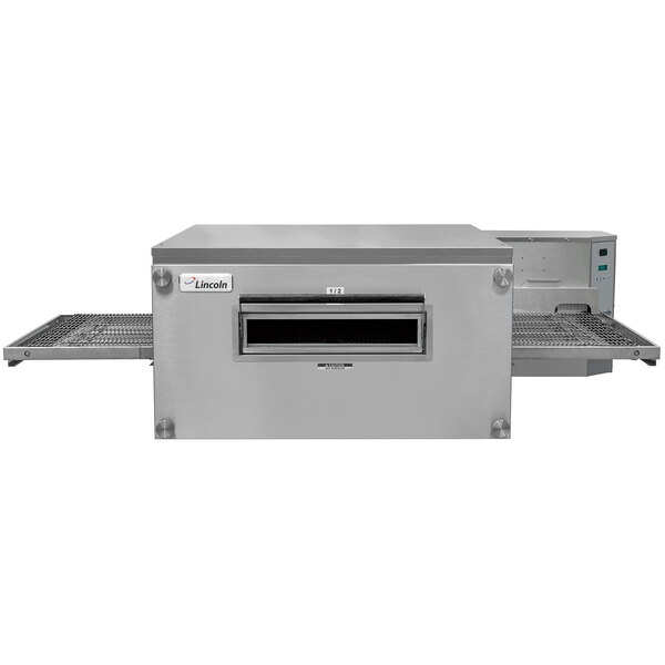 A large stainless steel Lincoln conveyor oven with a door open.