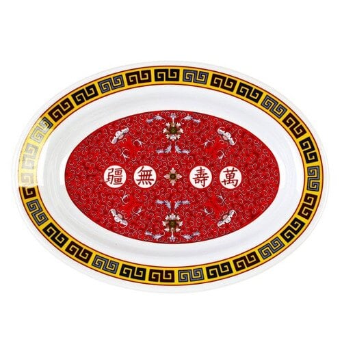 A red and white oval melamine platter with chinese symbols in white.