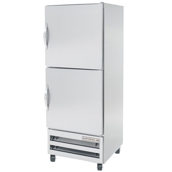A silver stainless steel Beverage-Air reach-in refrigerator with half doors.