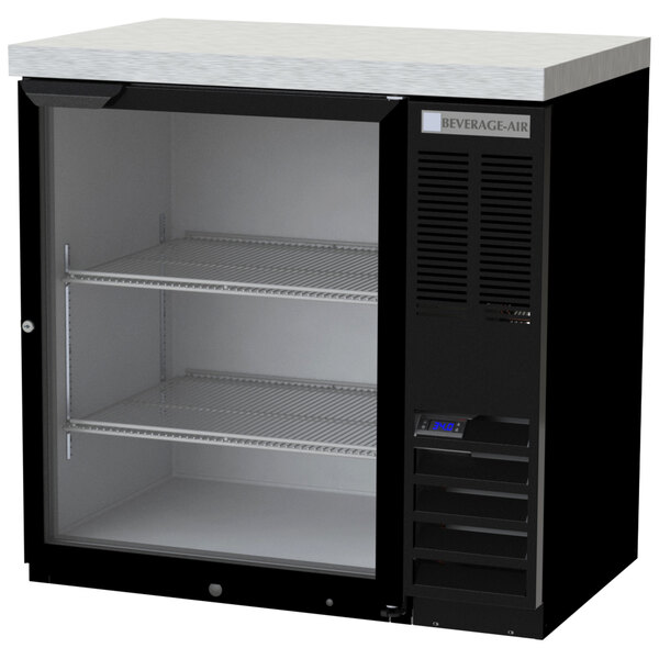 A black Beverage-Air back bar refrigerator with glass doors and shelves.