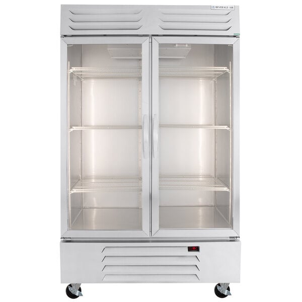A white Beverage-Air reach-in refrigerator with glass doors.