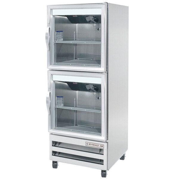 A Beverage-Air stainless steel reach-in refrigerator with glass half doors on two shelves.