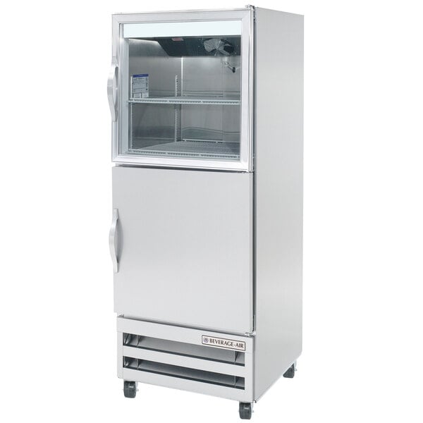 A Beverage-Air reach-in refrigerator with glass and solid half doors.