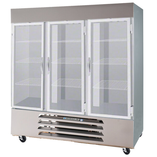 A white Beverage-Air reach-in refrigerator with three glass doors and shelves.