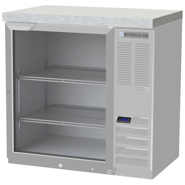 A white Beverage-Air back bar refrigerator with glass doors and shelves.