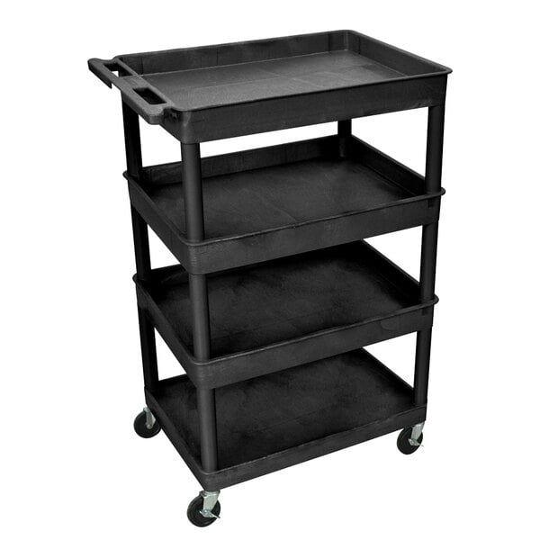 A black Luxor utility cart with 4 tubs and wheels.