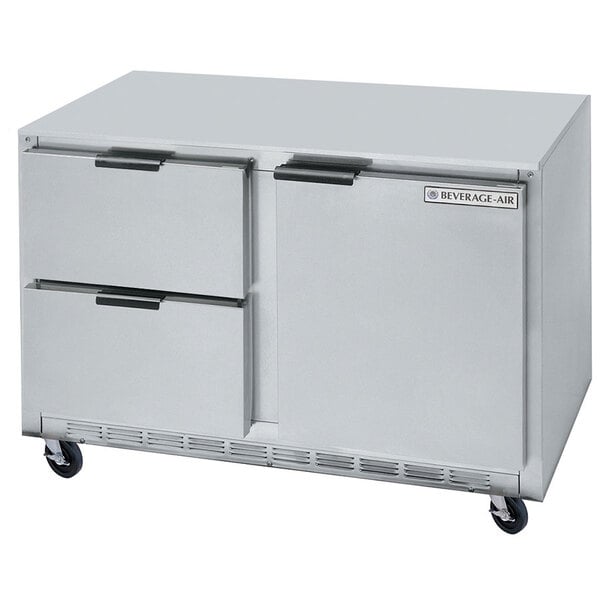 A stainless steel Beverage-Air undercounter freezer with 2 drawers.