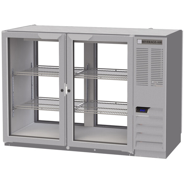 A stainless steel Beverage-Air back bar refrigerator with glass doors on shelves.