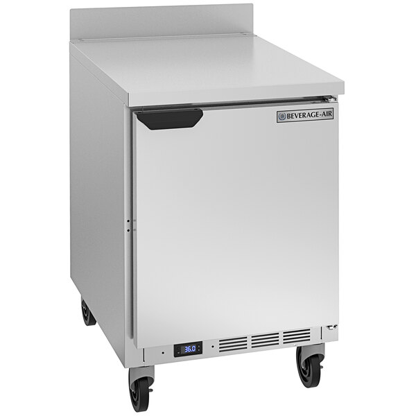 A silver stainless steel Beverage-Air worktop refrigerator on wheels with a black handle.
