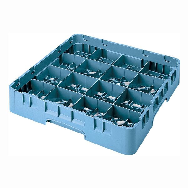 A teal plastic tray with 16 compartments and extenders.