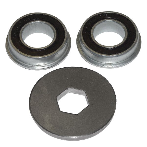 A close-up of two bearings and nuts for a Nemco CanPRO compact can opener.