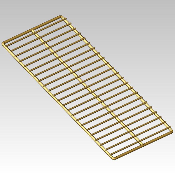 A stainless steel wire shelf with a metal grid.