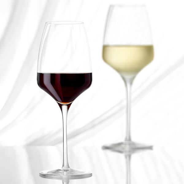 Two Stolzle Experience wine glasses filled with white and red wine.