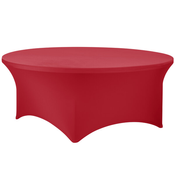 A crimson Snap Drape spandex contour table cover on a round table.