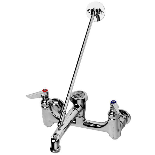 A T&S chrome mop sink faucet with lever handles.