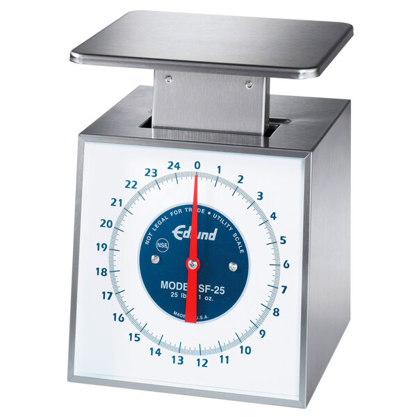 An Edlund stainless steel portion scale with a blue and white dial.