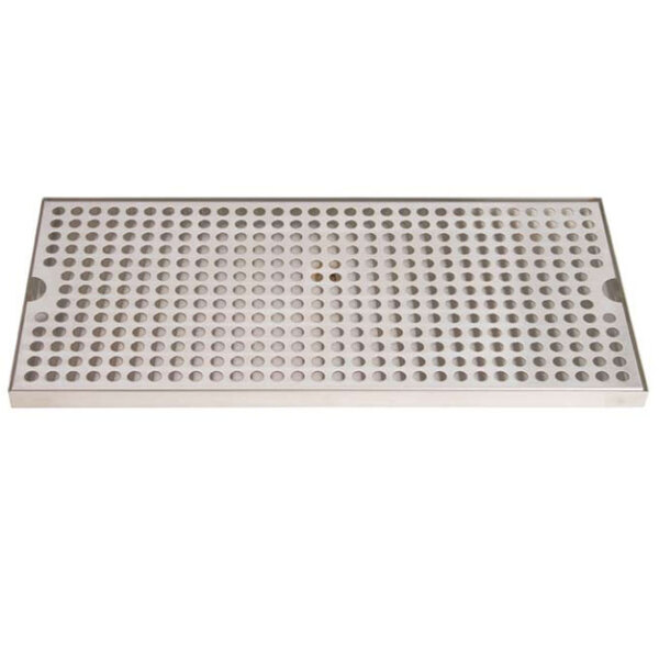 A rectangular stainless steel plate with holes.