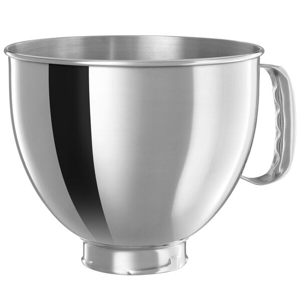 A silver stainless steel bowl with a handle.