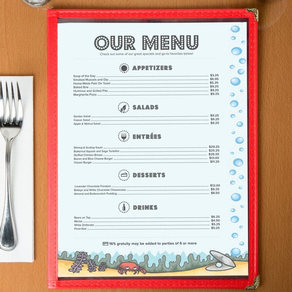 Menu paper with a red cover and a seafood bubbles design featuring a fish and a fork.