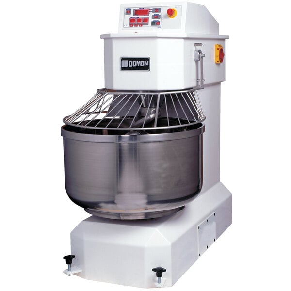 A white Doyon two-speed spiral dough mixer with a large bowl on top.